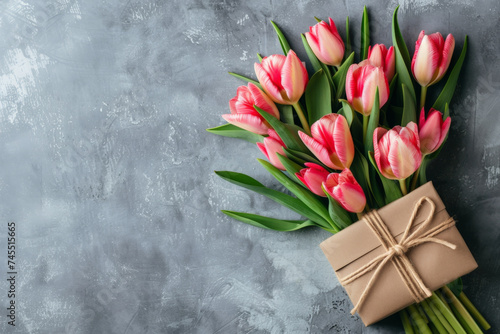 bouquet of tulips and gift box
