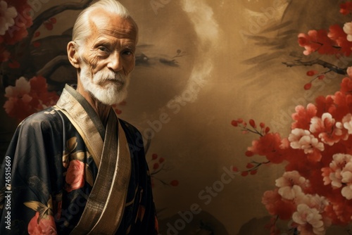 Elegant Old man japanese kimono. Male adult portrait. Generate Ai