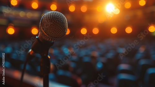 Close up microphone in stage, bokeh lighting auditorium