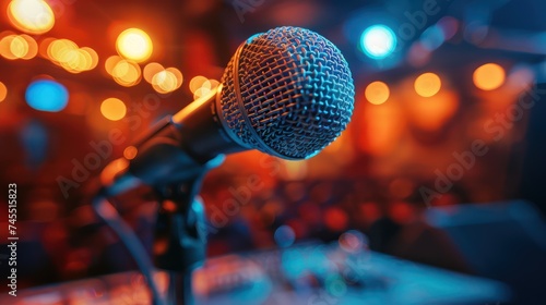 Close up microphone in stage, bokeh lighting auditorium