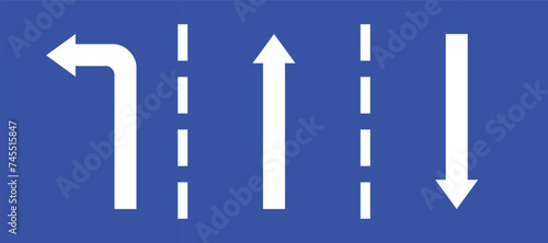 Set highway blue traffic sign three line road straight opposite direction and turn left white arrow. Mandatory information route coution symbol collection for web mobile isolated white background