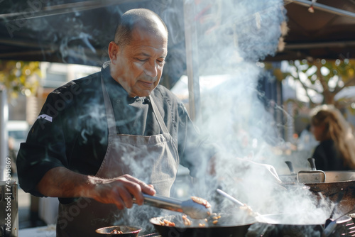 Professional chef cooking outdoor in open restaurant  outdoor street food festival