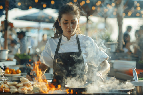 Professional chef cooking outdoor in open restaurant, outdoor street food festival