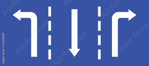 Set highway blue traffic sign three line road opposite direction turn left and right white arrow. Mandatory information route coution symbol collection for web mobile isolated white background