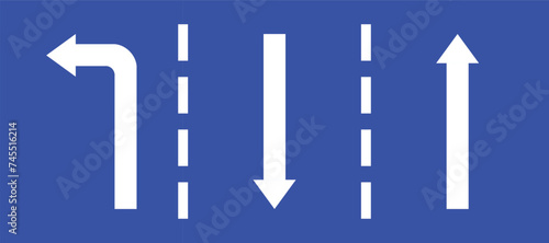 Set highway blue traffic sign three line road opposite straight direction turn left white arrow. Mandatory information route coution symbol collection for web mobile isolated white background
