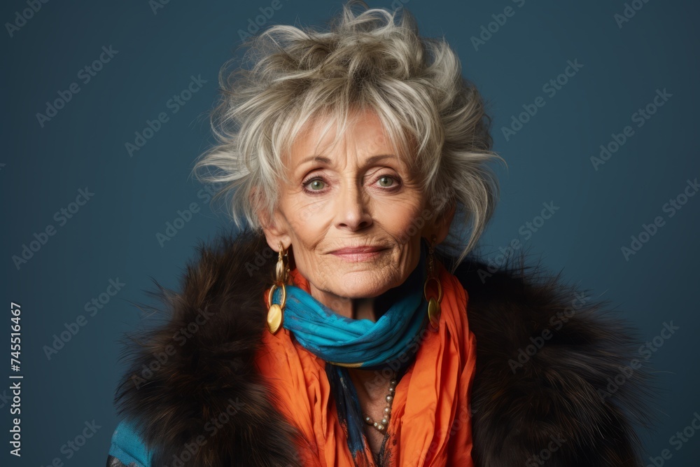 Portrait of beautiful senior woman in orange fur coat on blue background Portrait of beautiful senior woman in orange fur coat on blue background