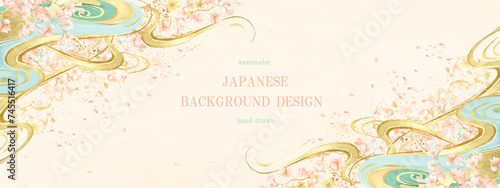 桜の花と抽象的な波のイラスト/ベクター、春、和風、背景、和柄
