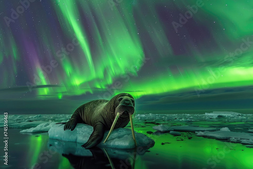A walrus rests on an ice floe under the Northern Lights photo