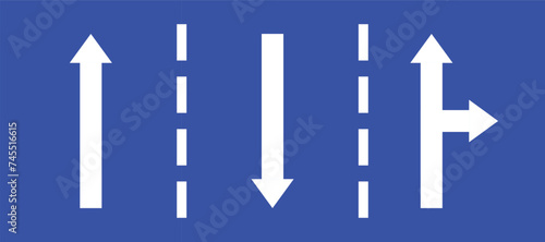 Set highway blue traffic sign three line road straight opposite direction or right turn primited arrow. Mandatory information route coution symbol collection web mobile isolated white illustration.