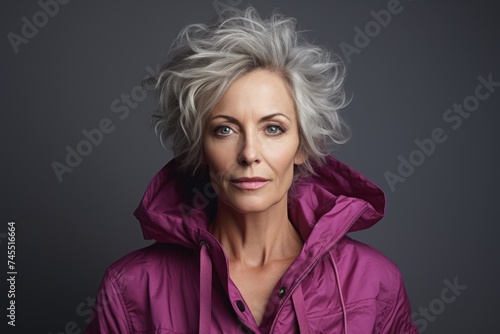 Attractive middle aged woman with grey hair wearing a pink jacket.
