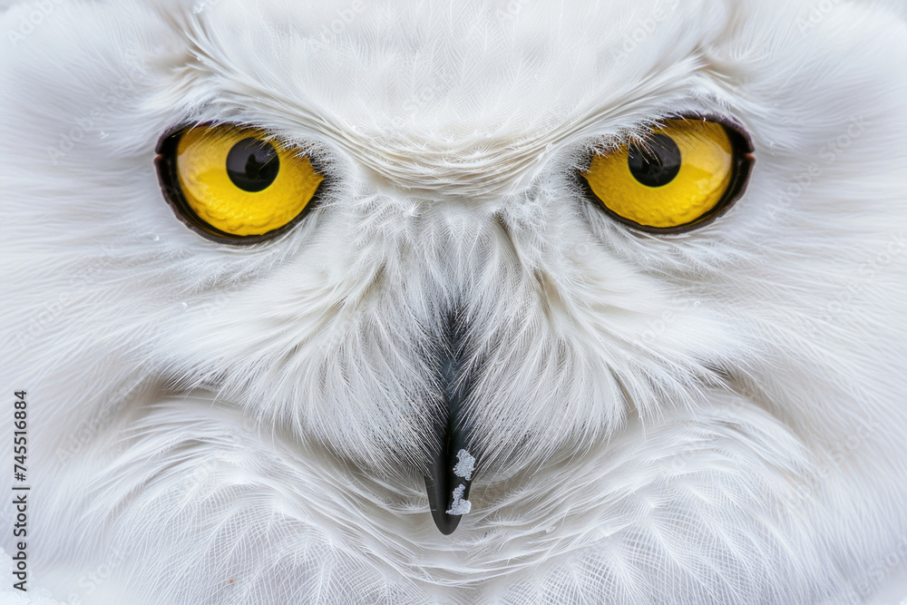 Obraz premium Intimate close-up of a snowy owl's face, eyes piercing the soul