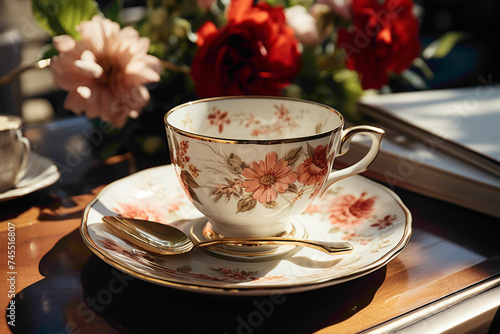 A charming disposable teacup with a floral pattern on a cozy breakfast table