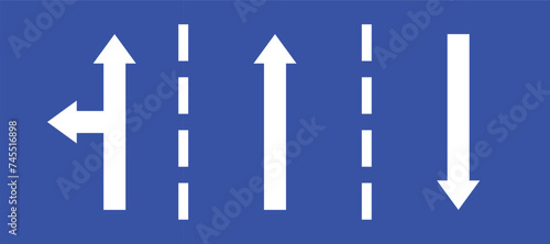 Set highway blue traffic sign three line road opposite straight direction or left turn primited arrow. Mandatory information route coution symbol collection web mobile isolated white illustration. photo