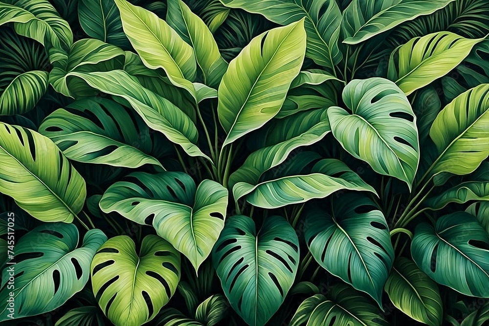Close up of a painting of a plant with green leaves abstract background Close up of a painting of a plant with green leaves abstract background