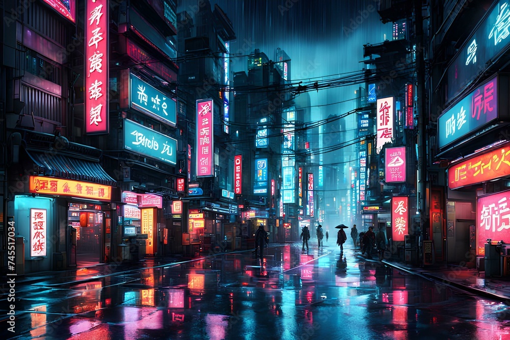 Cyberpark city street at night on rainy day wallpaper 