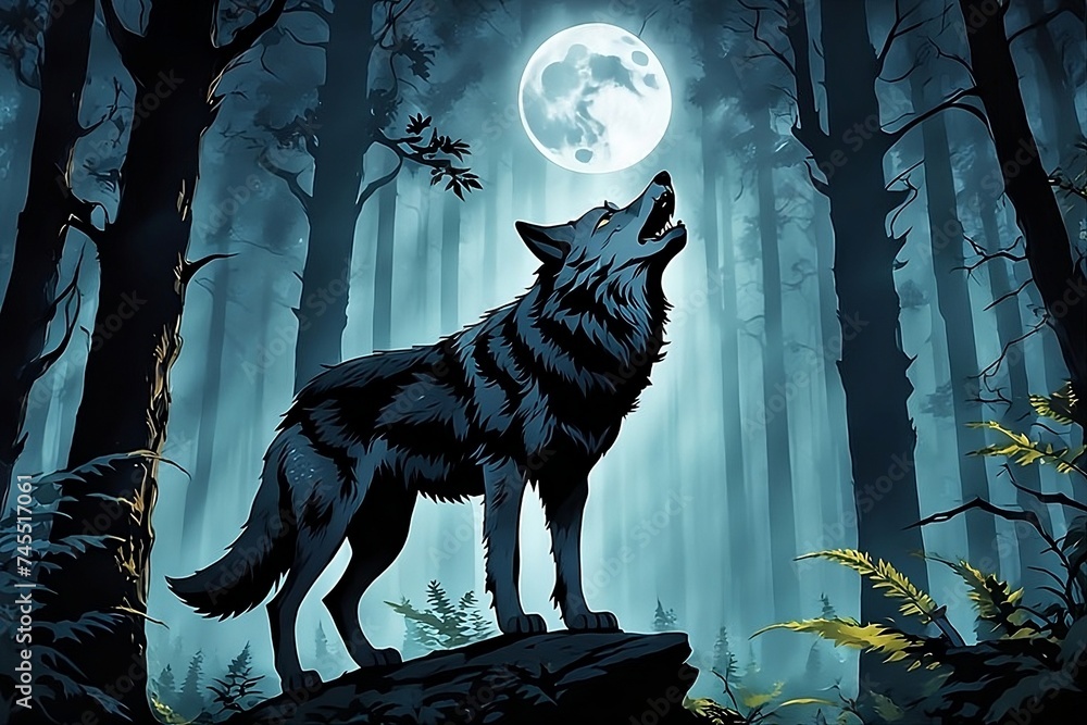 Darn grey wolf howling at full moon - obrazy, fototapety, plakaty 