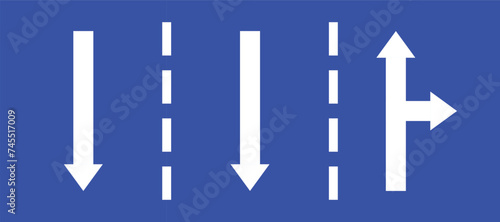 Set highway blue traffic sign three line road two opposite direction or right turn primited arrow. Mandatory information route coution symbol collection for web mobile isolated white background