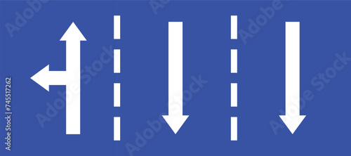 Set highway blue traffic sign three line road two opposite direction or left turn primited arrow. Mandatory information route coution symbol collection web mobile isolated white illustration.