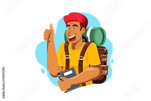 Good job thumbs up, Man backpack tourist on isolated background, Vector illustration.