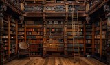 Classic dark wood shelves laden with countless books