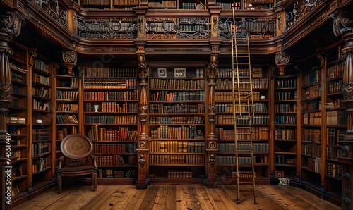 Classic dark wood shelves laden with countless books photo