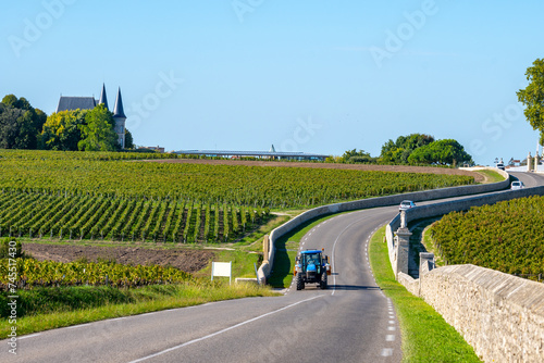 View on green vineyards, wine domain or chateau in Haut-Medoc red wine making region, Bordeaux, left bank of Gironde Estuary, France © barmalini