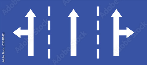Set highway blue traffic sign three line road straight direction right or left turn primited arrow. Mandatory information route coution symbol collection for web mobile isolated white background