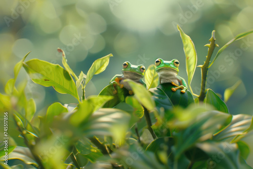 two small cute green tree frogs sitting on the plant, natural background