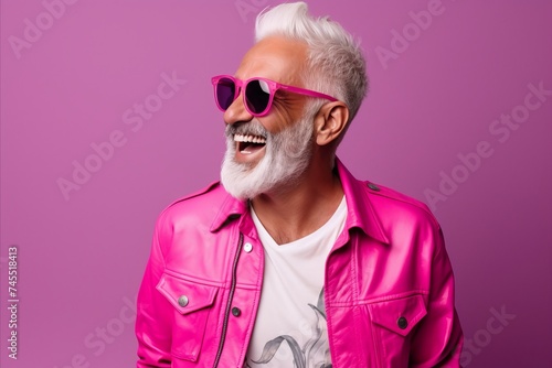 Portrait of a cheerful senior man in sunglasses and pink leather jacket. © Inigo