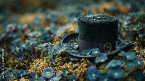 Top hat with green clover leaves on dark background. St. Patrick's Day
