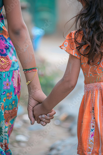A young girl holding hands with her sister