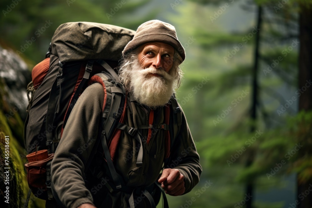 Spirited Older man hiking nature. Nature outdoor autumn adventure adult. Generate Ai