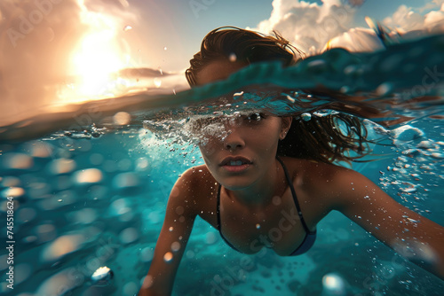woman in bikini swimming in the sea