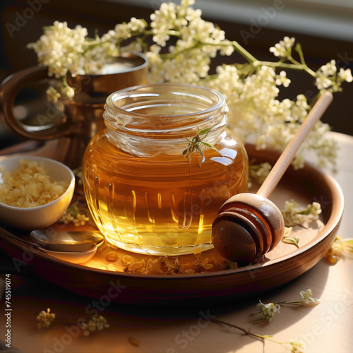 Tiny jar of honey with a wooden dipper, a sweet and delightful addition to a breakfast or tea table