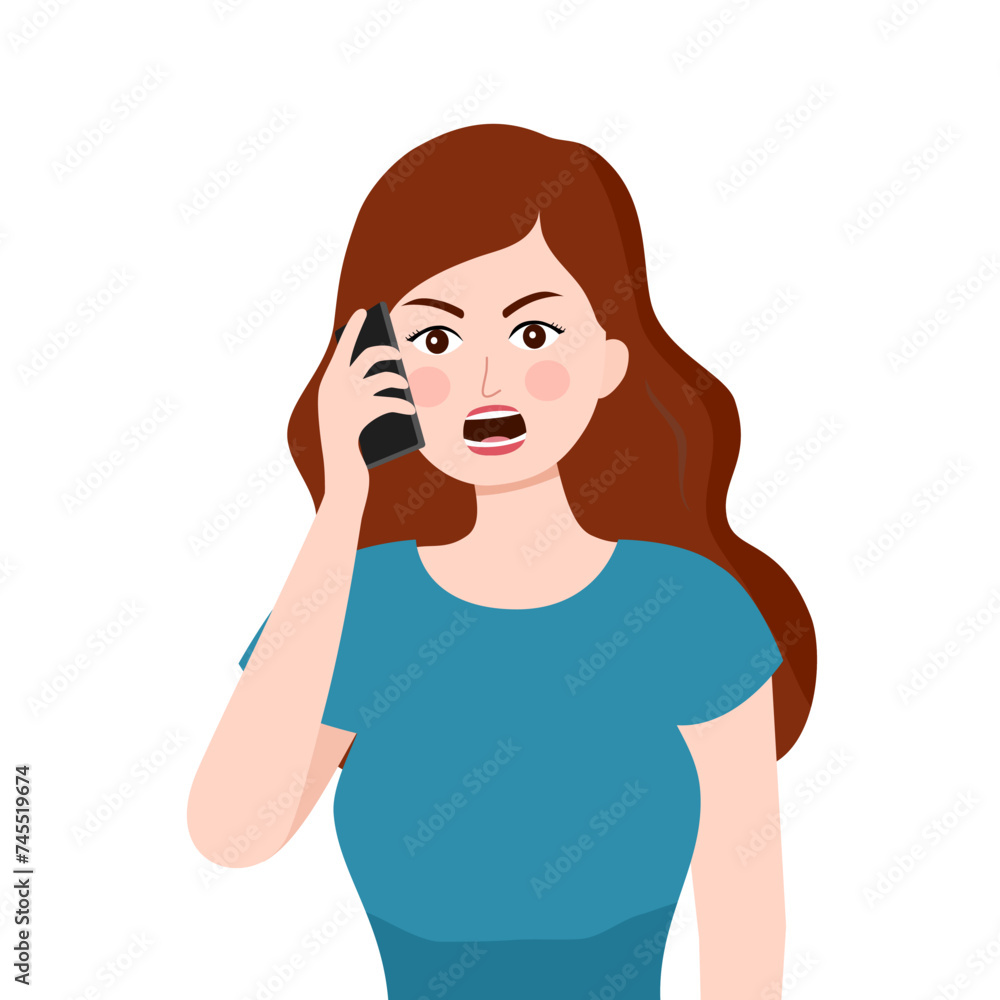 Angry customer woman on phone in flat design. Angry customer woman on phone in flat design.