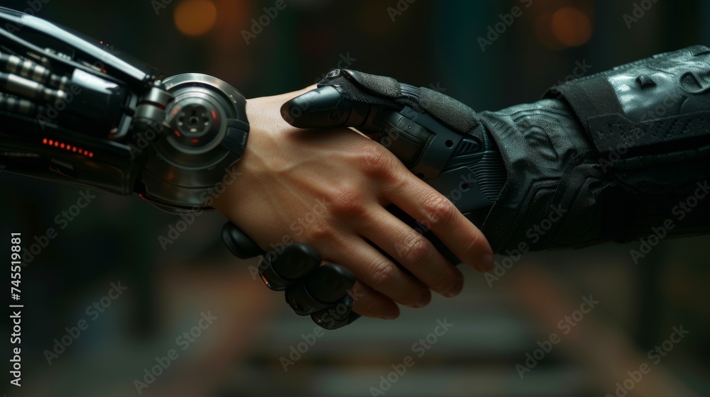 Robot handshake with robot, future business partnership concept Robot handshake with robot, future business partnership concept
