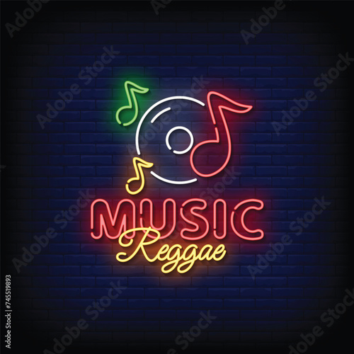 Neon Sign music reggae with brick wall background vector