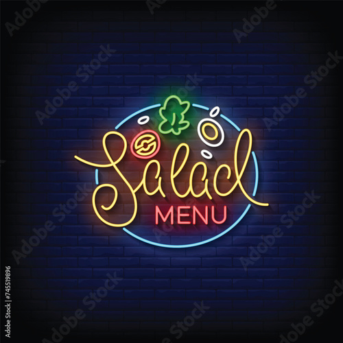 Neon Sign salad menu with brick wall background vector