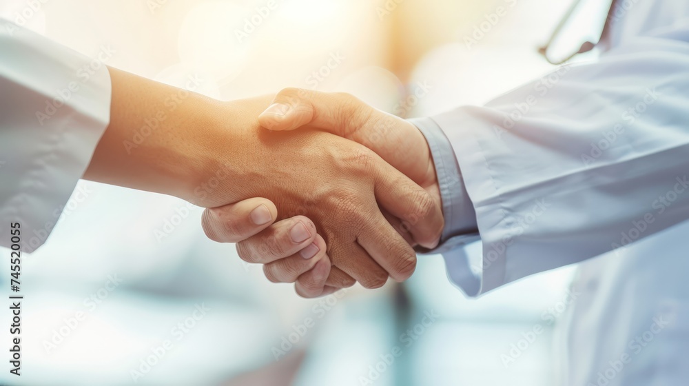Demonstrating professionalism and care, a smiling doctor warmly greets a patient with a handshake at the clinic, under the sunny ambiance. Demonstrating professionalism and care, a smiling doctor warmly greets a patient with a handshake at the clinic, under the sunny ambiance.
