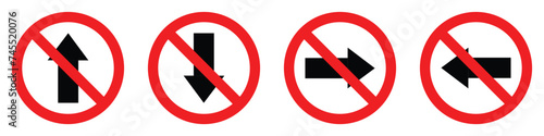 set red border circle shape no right left opposite straight arrow road traffic Prohibitory sign icon. highway route collection road flat symbol for web mobile isolated white background illustration.