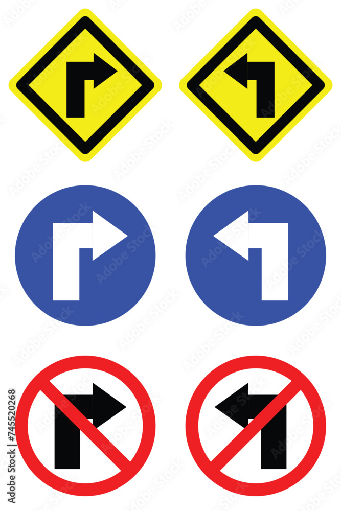 set circle diamond shape sharp turn right and left arrow road traffic sign direction icon. highway route collection road flat symbol for web mobile isolated white background illustration. set circle diamond shape sharp turn right and left arrow road traffic sign direction icon. highway route collection road flat symbol for web mobile isolated white background illustration.