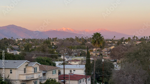 Los Angeles - San Gabriel Mountains and Valley at sunet, snowtop mountainside and landscape © PhotoBoothProdLLC