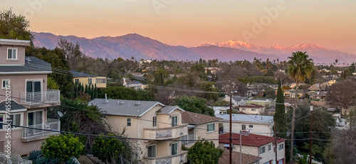 Los Angeles - San Gabriel Mountains and Valley at sunet, snowtop mountainside and landscape photo