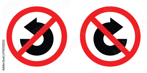 set red border circle shape right and left degree loop arrow road traffic prohibitory sign direction. highway route collection road flat symbol for web mobile isolated white background illustration.