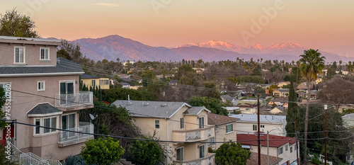 Los Angeles - San Gabriel Mountains and Valley at sunet, snowtop mountainside and landscape