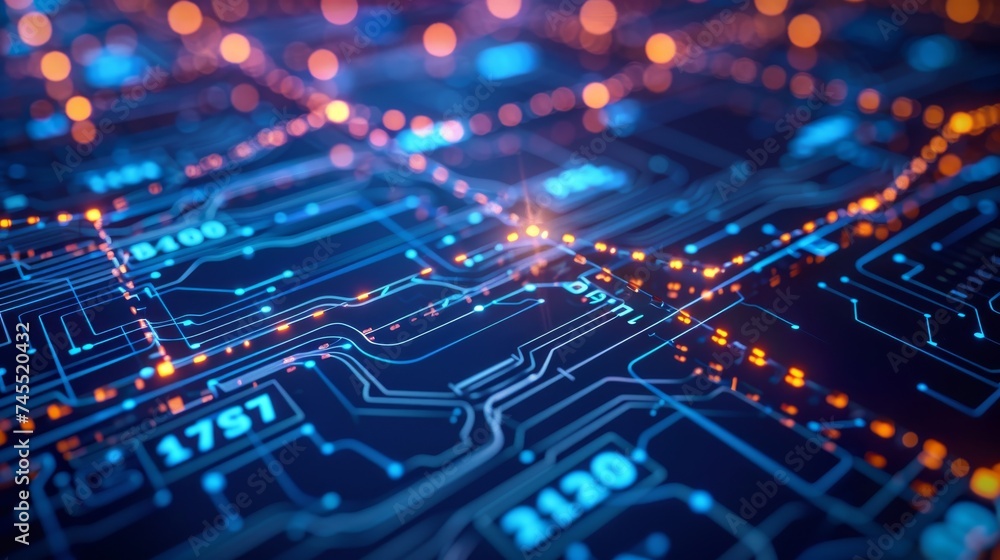 Close-up view of an illuminated electronic circuit board with glowing orange and blue pathways symbolizing data flow and electrical connectivity. Close-up view of an illuminated electronic circuit board with glowing orange and blue pathways symbolizing data flow and electrical connectivity.