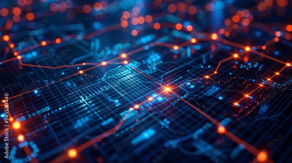 Illuminated pathways of orange and blue on a close-up electronic circuit board depict the flow of data and electrical connectivity, offering insight into the inner workings of technological systems. Illuminated pathways of orange and blue on a close-up electronic circuit board depict the flow of data and electrical connectivity, offering insight into the inner workings of technological systems.