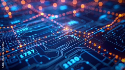 Close-up view of an illuminated electronic circuit board with glowing orange and blue pathways symbolizing data flow and electrical connectivity.