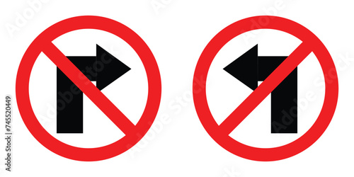 set red circle shape no sharp turn right and left arrow road traffic prohibitory sign direction icon. highway route collection road flat symbol for web mobile isolated white background illustration.