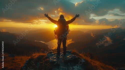 A silhouette mountain climber successfully climbs to the top with sunset background